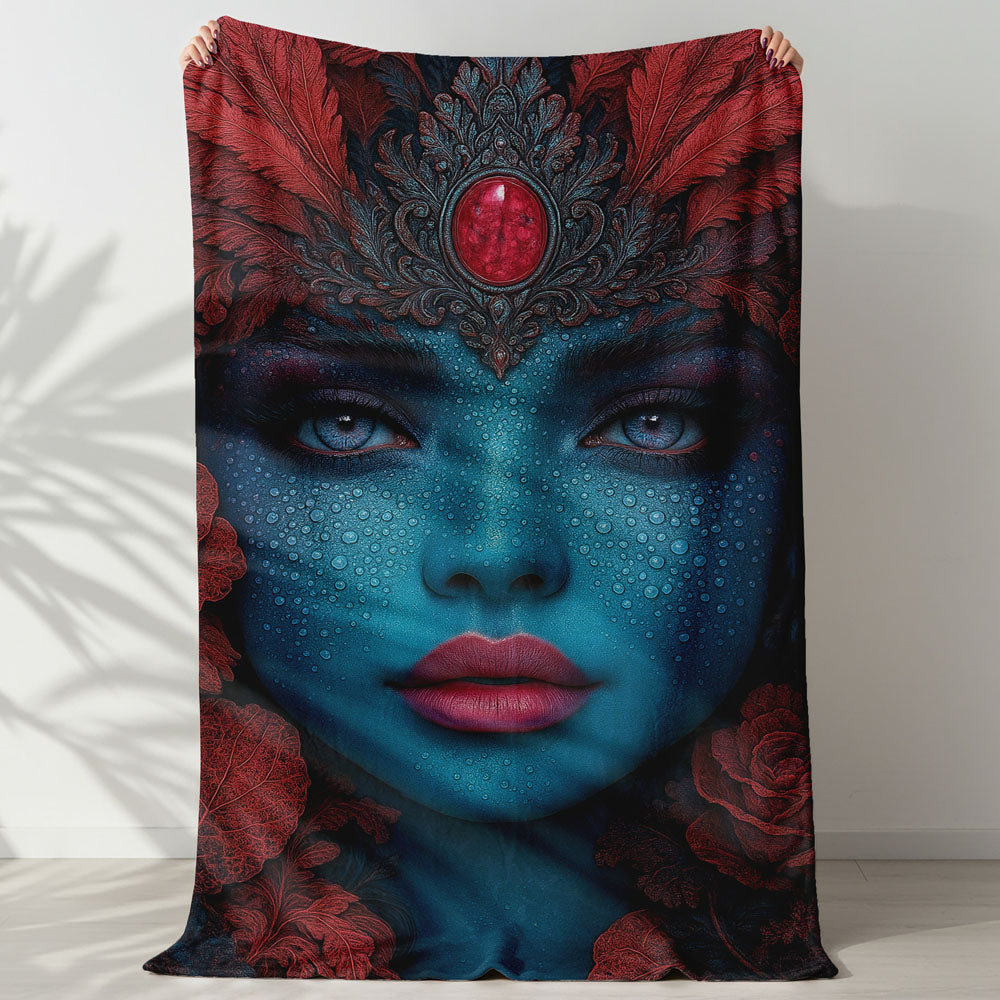 Plaid femme bleu plumes rouges