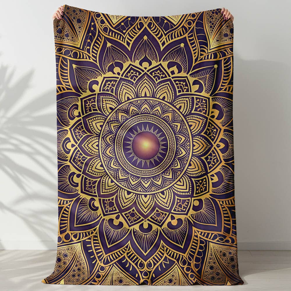 Plaid mandala oriental bleu nuit et or