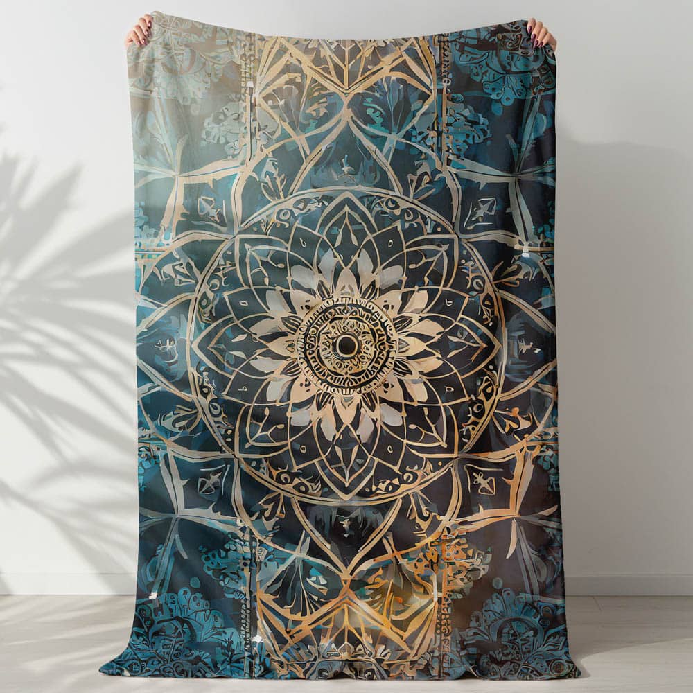 Plaid mandala spirituel bleu et doré