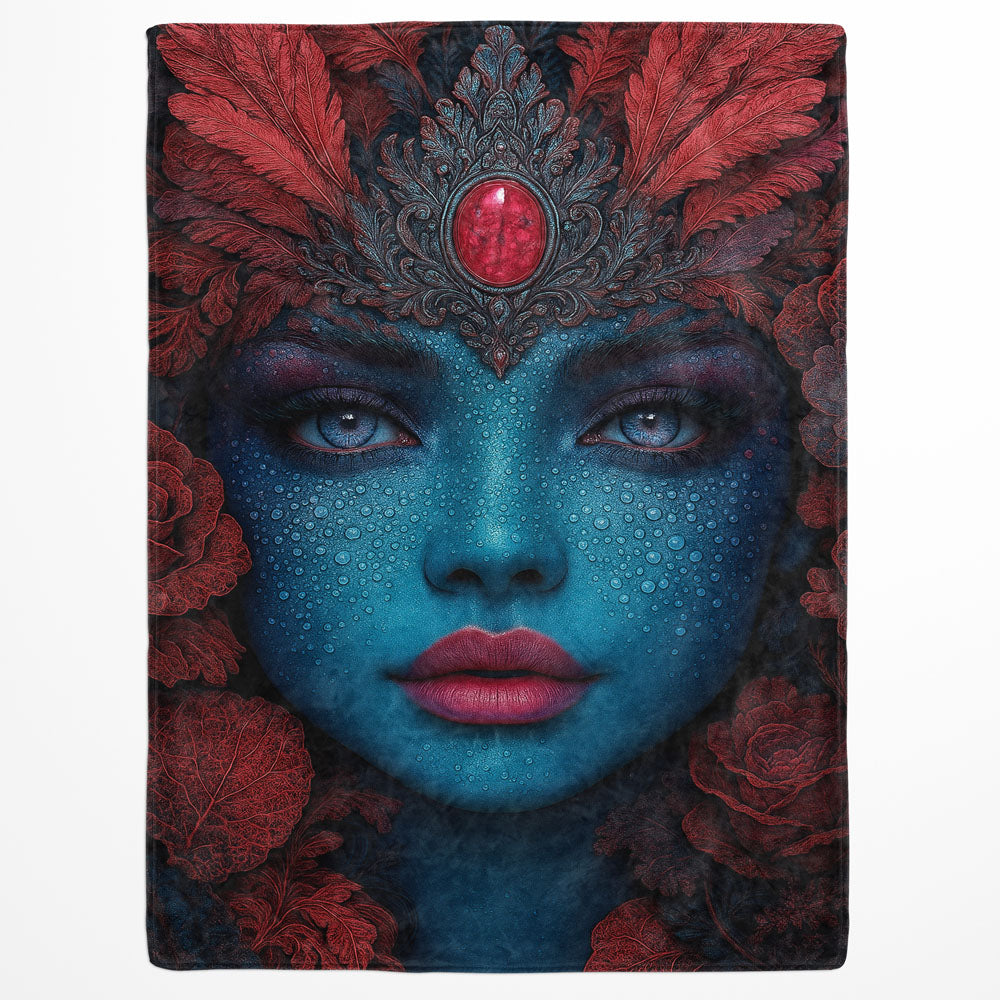 Plaid femme bleu plumes rouges
