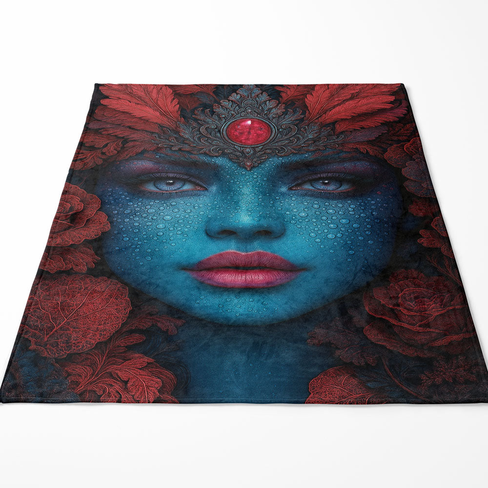 Plaid femme bleu plumes rouges