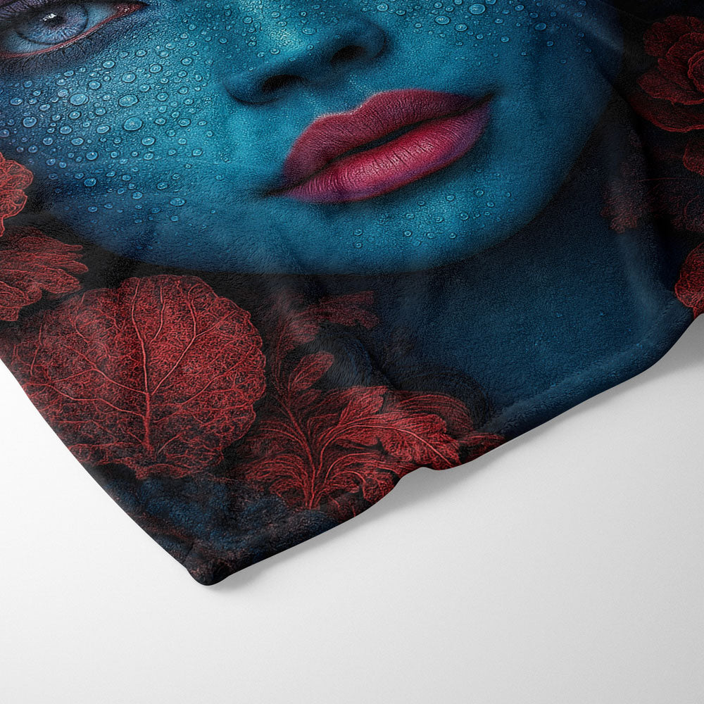 Plaid femme bleu plumes rouges